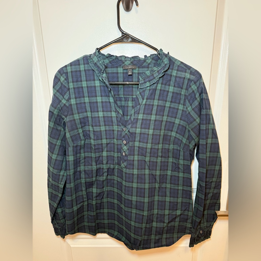 Talbots Green and Blue Plaid Blouse with Henley Neckline